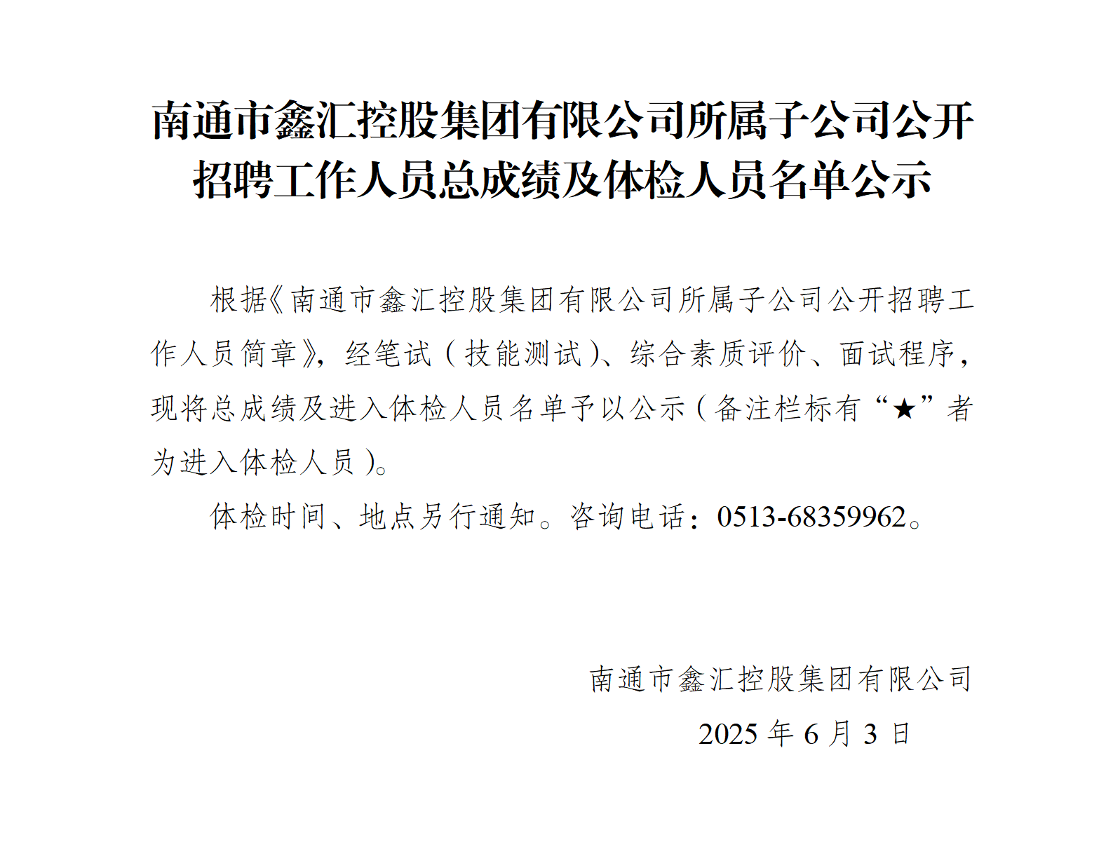 南通市鑫汇控股集团有限公司所属子公司公开招聘工作人员总成绩及体检人员名单公示_01.png